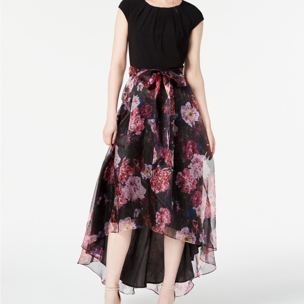 Black floral high low wrap dress